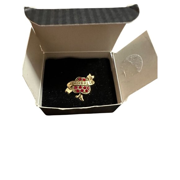 Avon Apple Brooch Gold Tone With Red Rhinestones Gift For Educators #1 Teacher - Picture 5 of 8